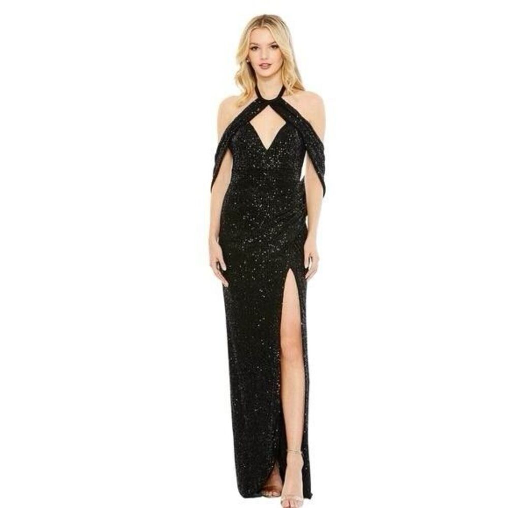 Black Sparkle Off-Shoulder Halter Evening Gown